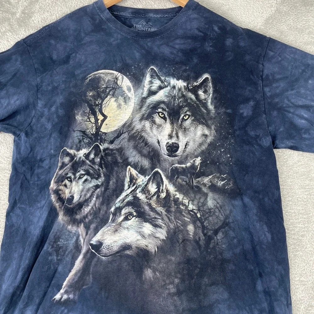 The Mountain Wolf Shirt Mens Large Blue Three Wolf Moon Tie Dye Graphic Tee - Picture 2 of 8